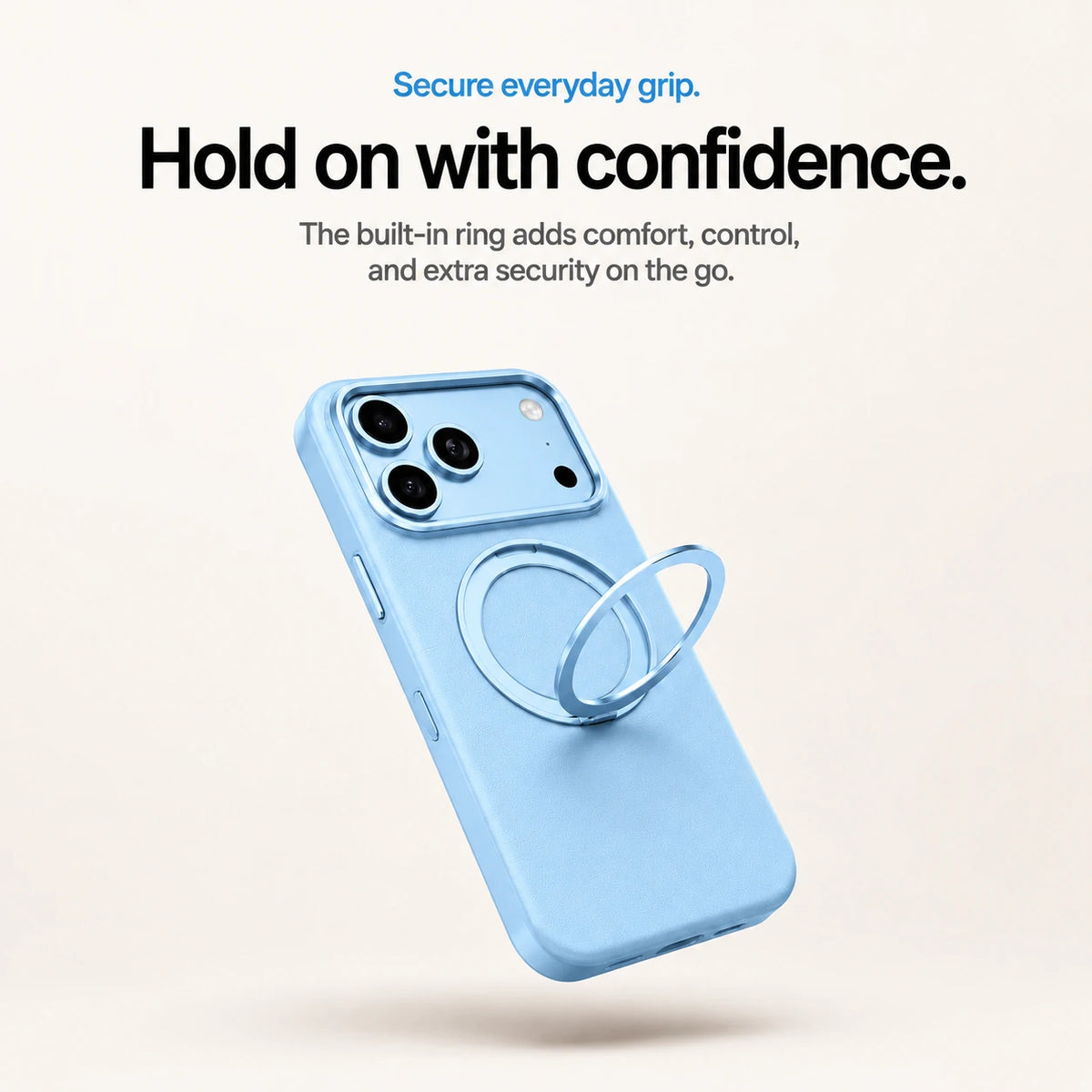 Glacier leather phone case showing its raised circular finger grip #color_Glacier