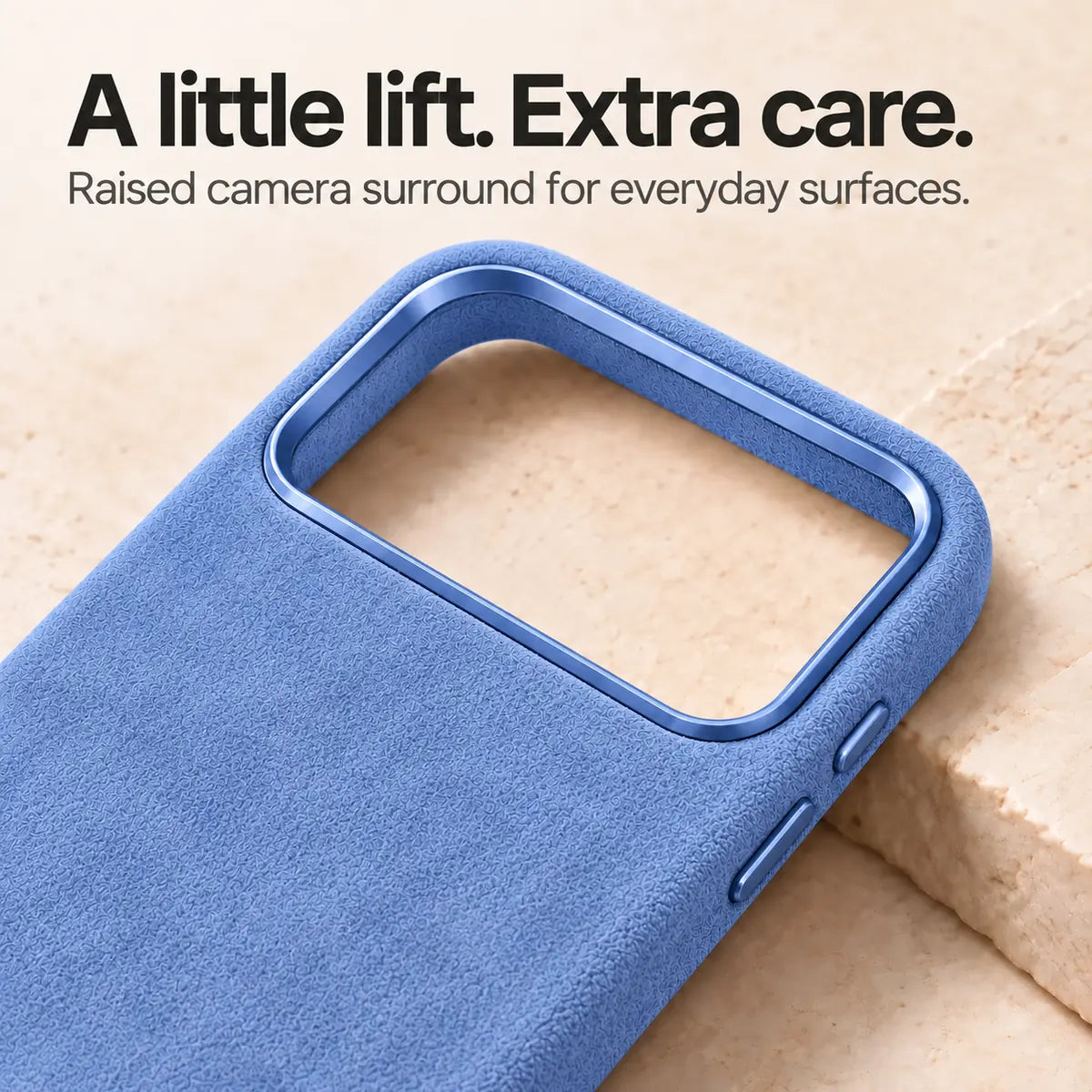 Light blue fabric phone case with a close view of the raised camera surround. #color_Glacier