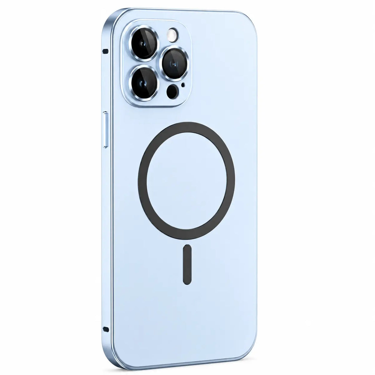 Light blue metal magnetic phone case with three camera openings shown from the back on white #color_Light Blue