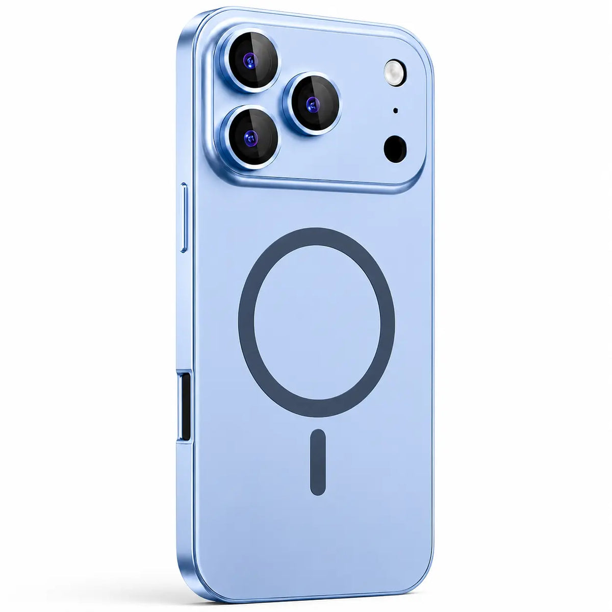 Light blue metal magnetic phone case with a wide camera surround, shown from the rear on white #color_Light Blue
