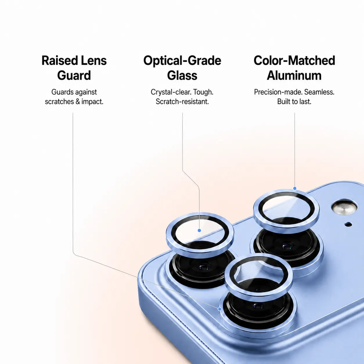 Light blue metal phone case in an exploded close-up showing camera lens guards and trim #color_Light Blue