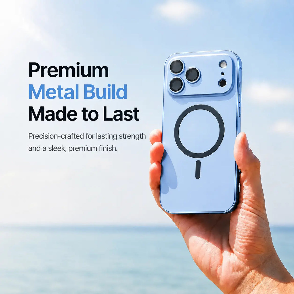Light blue metal magnetic phone case held upright beside the sea with a material feature caption #color_Light Blue