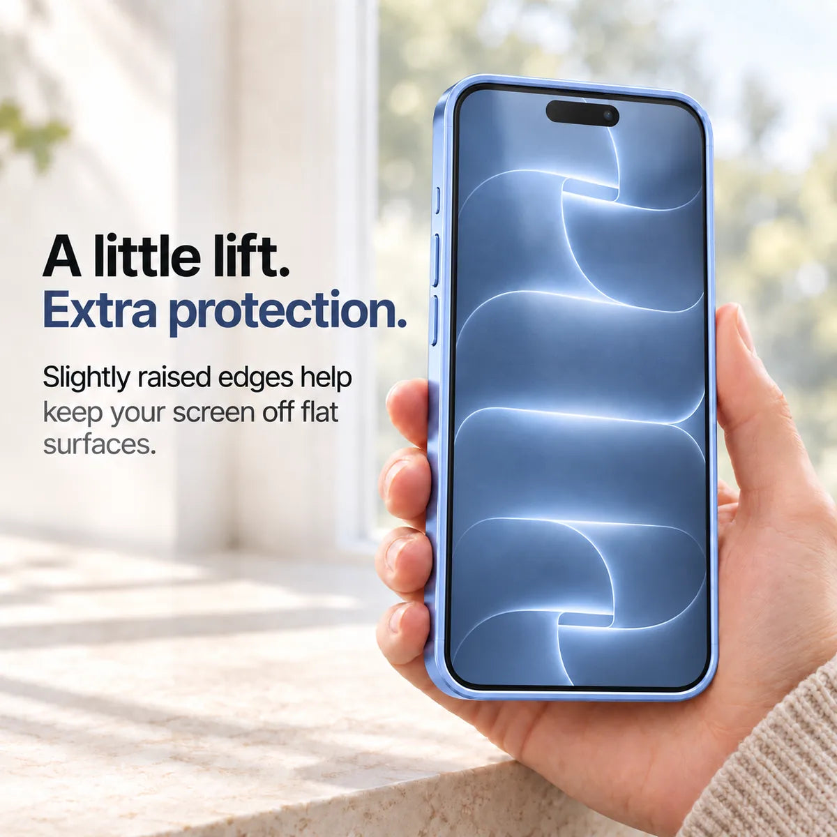 Light blue metal phone case held with the front display and raised screen edges visible #color_Glacier