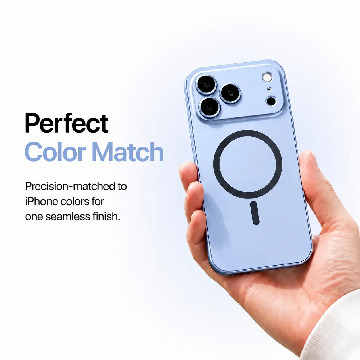 Light blue metal magnetic phone case held in one hand against a pale studio background #color_Light Blue