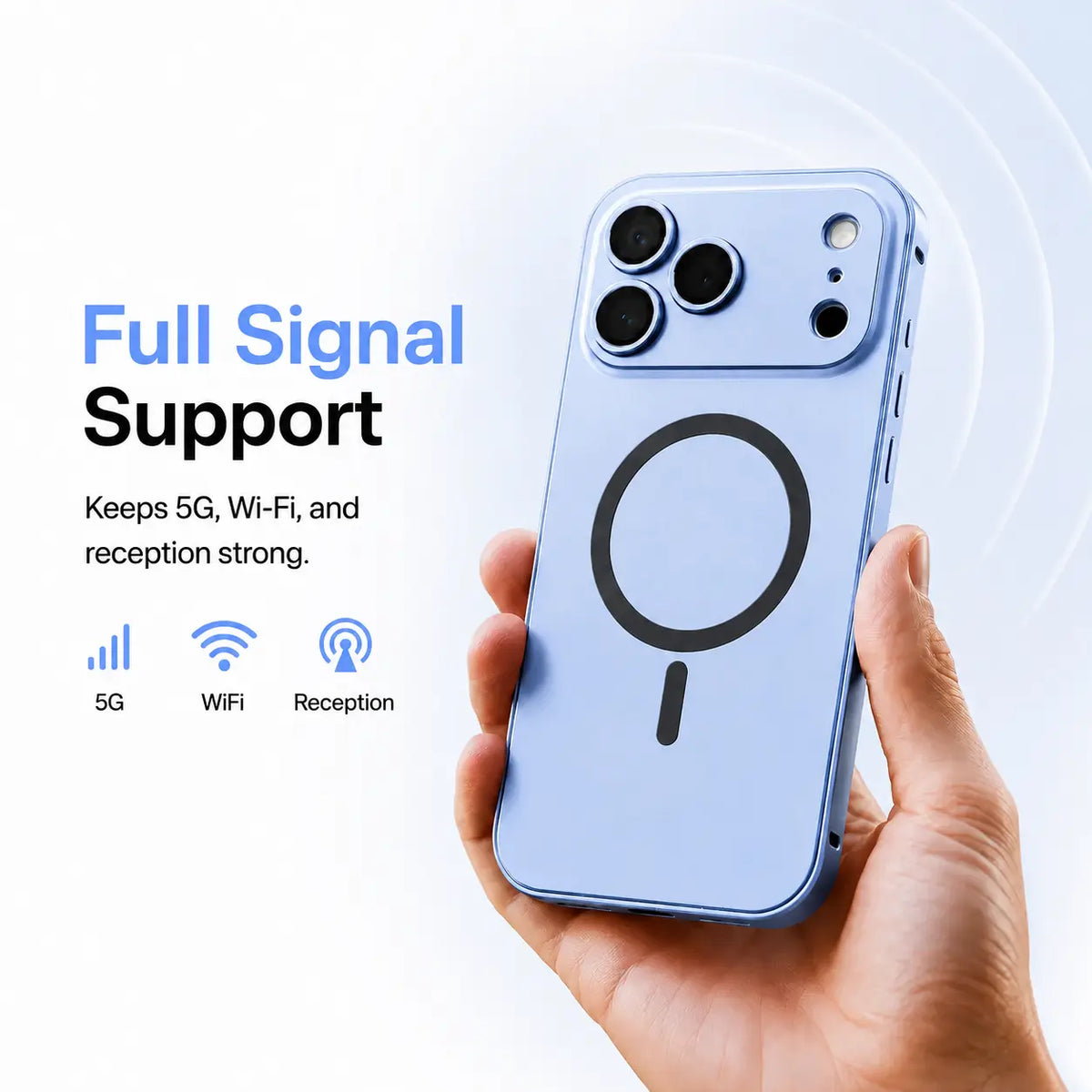 Light blue metal magnetic phone case held upright with illustrated signal icons #color_Light Blue