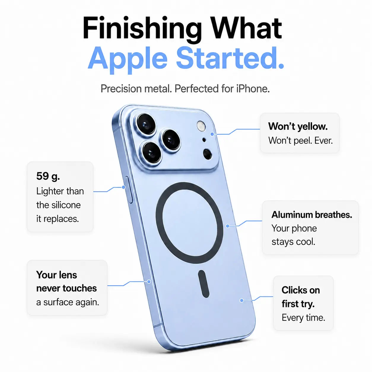 Light blue metal magnetic phone case surrounded by feature labels on a white background #color_Light Blue