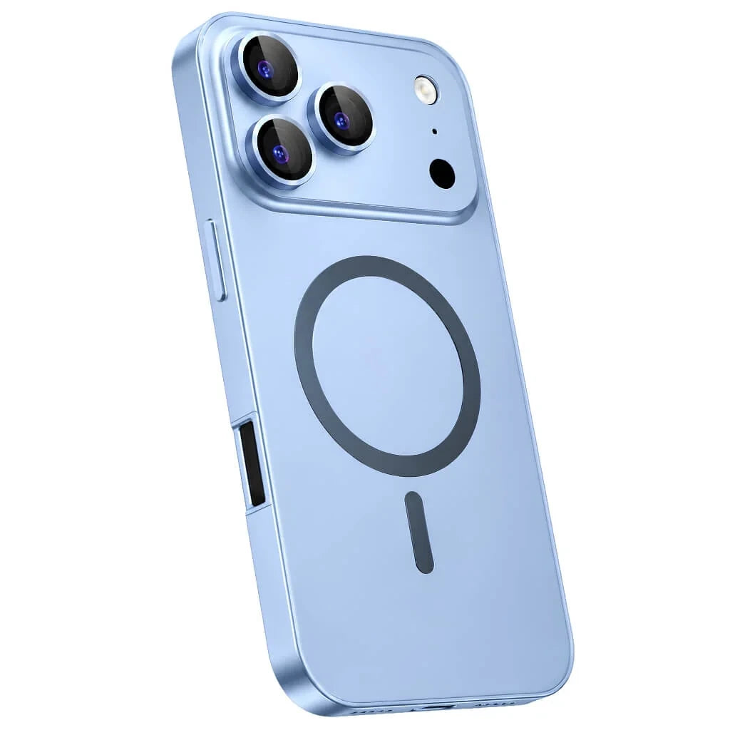 Light blue metal magnetic phone case in a tilted rear view showing its camera surround and side rail #color_Light Blue