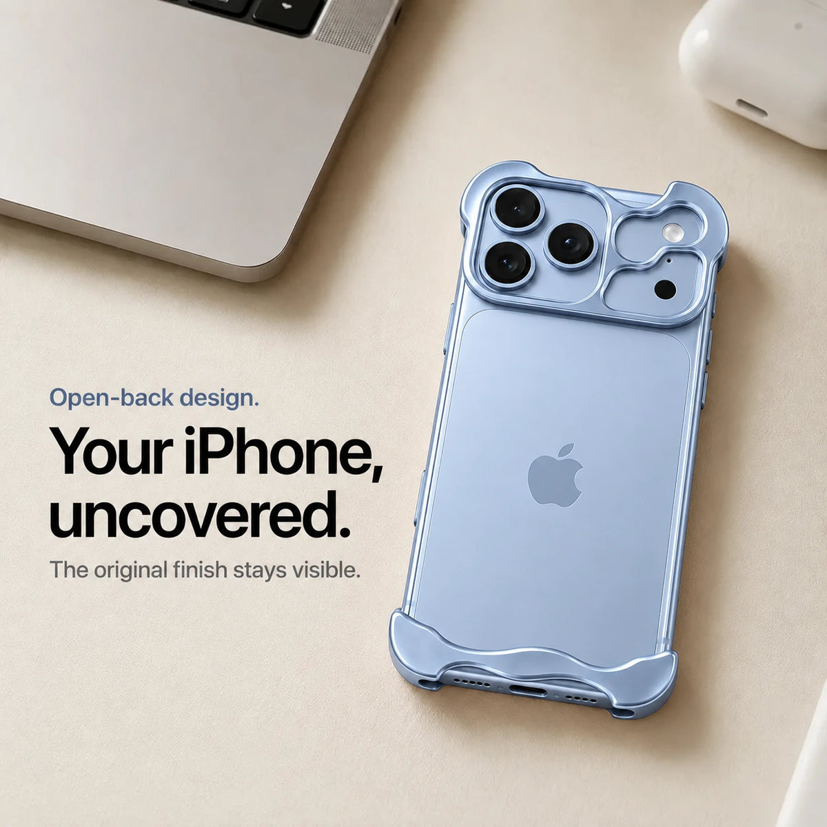 Glacier sculpted metal phone case on a desk showing the open back #color_Glacier