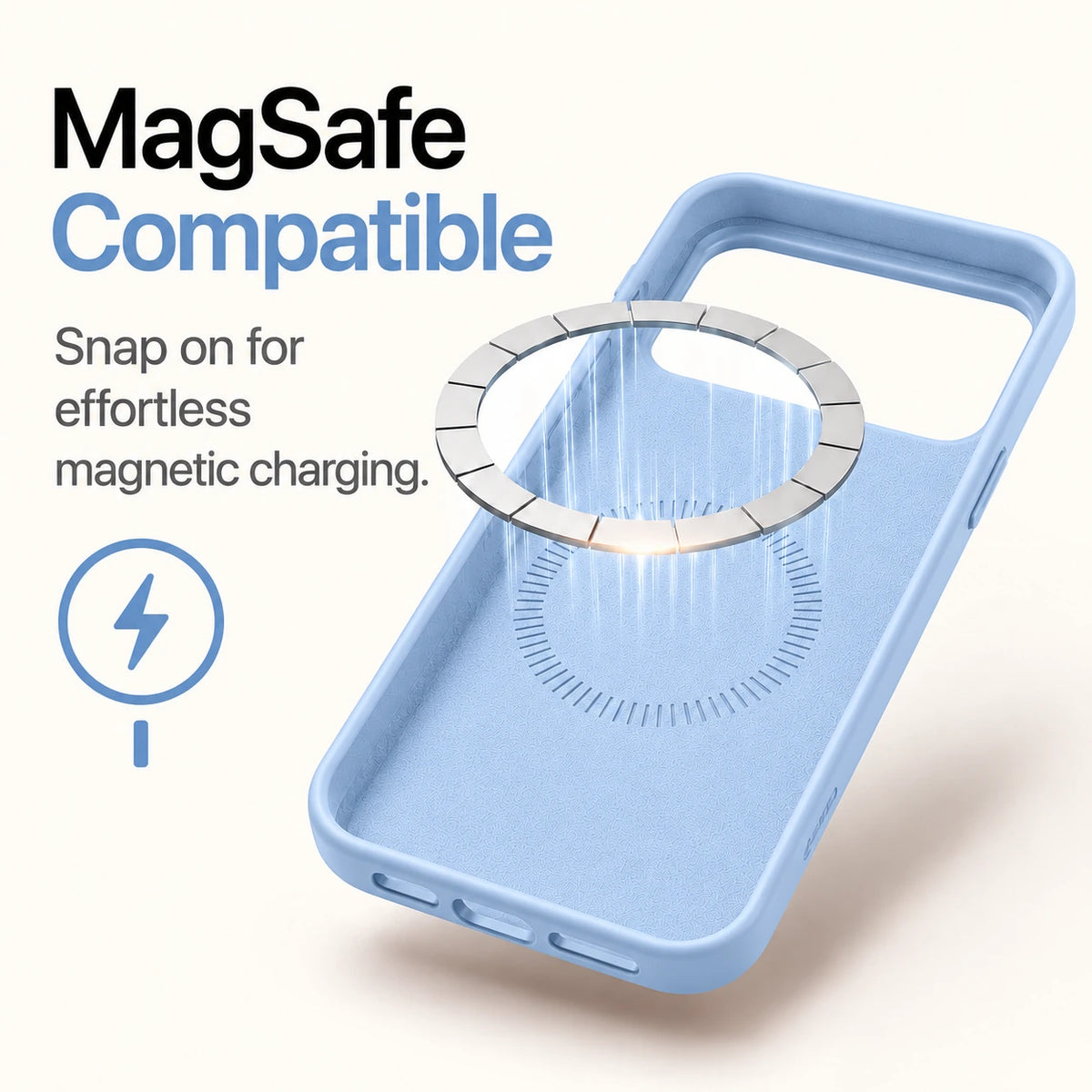 Glacier silicone phone case showing the soft interior and magnetic charging ring #color_Glacier