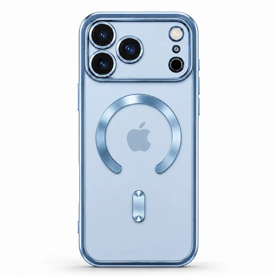Glacier tinted magnetic phone case with wide camera openings, shown from the back on white