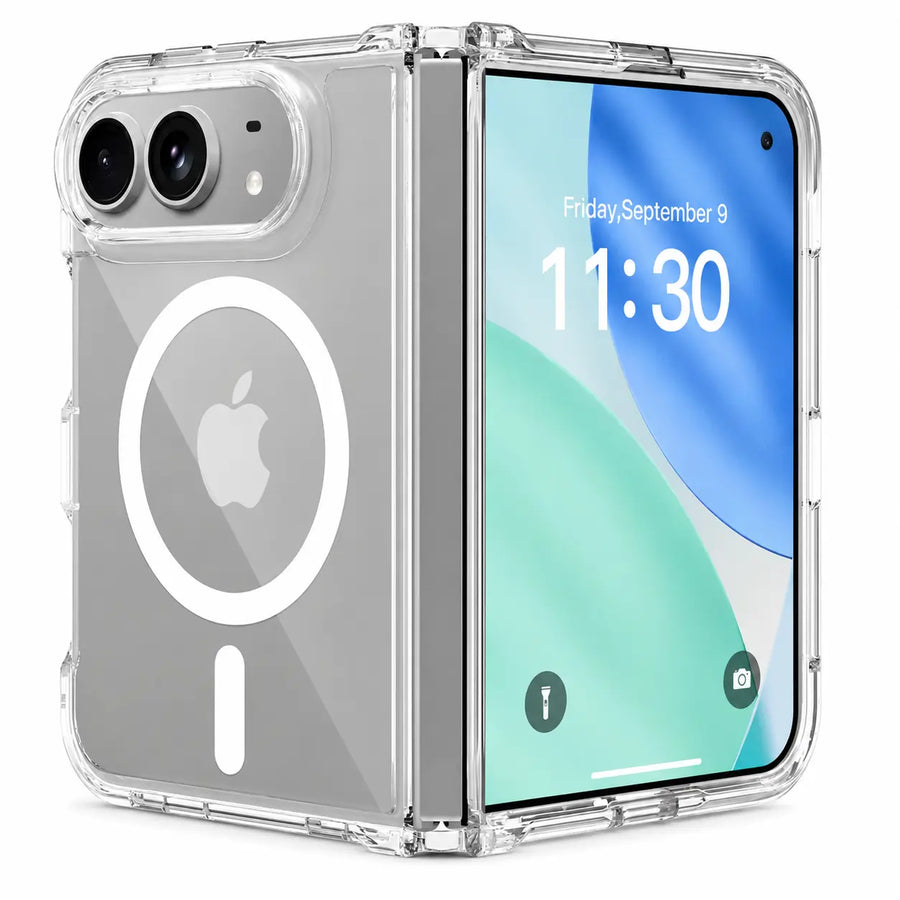 Clear magnetic case showing the front and back of a folding handset. #iPhone Model_iPhone Duo