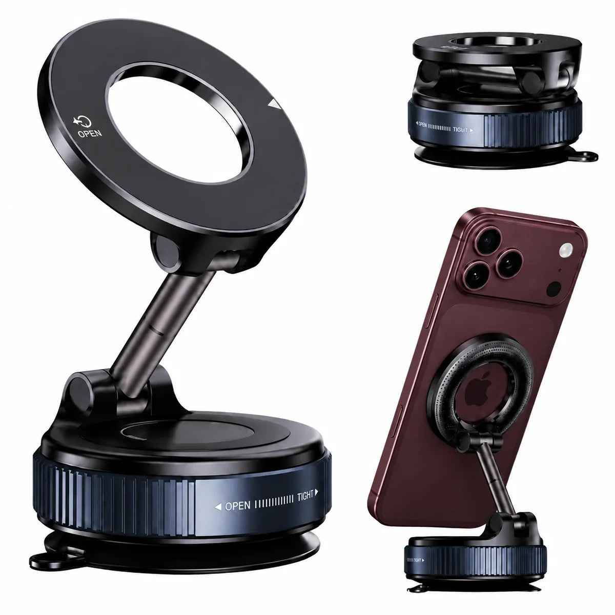 Black adjustable magnetic suction phone mount shown in three views, including one holding a Burgundy iPhone.