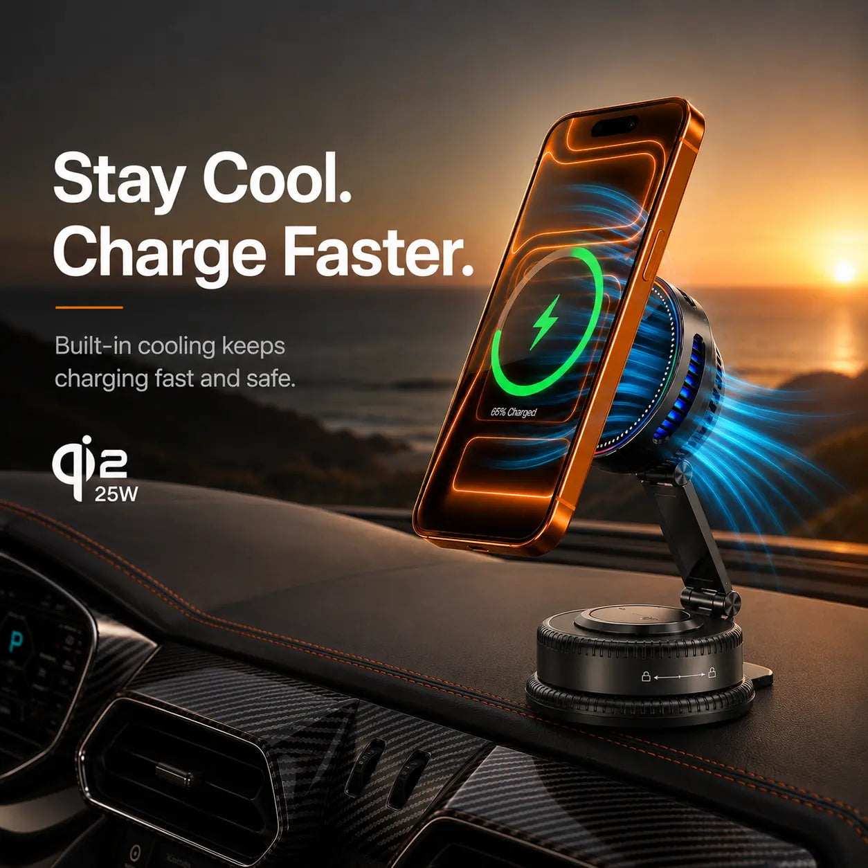 Magnetic car charger with 25W Qi2 fast charging and active cooling
