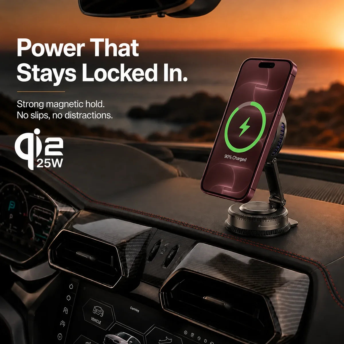 MagSafe car charger with 25W Qi2 fast charging and active cooling.