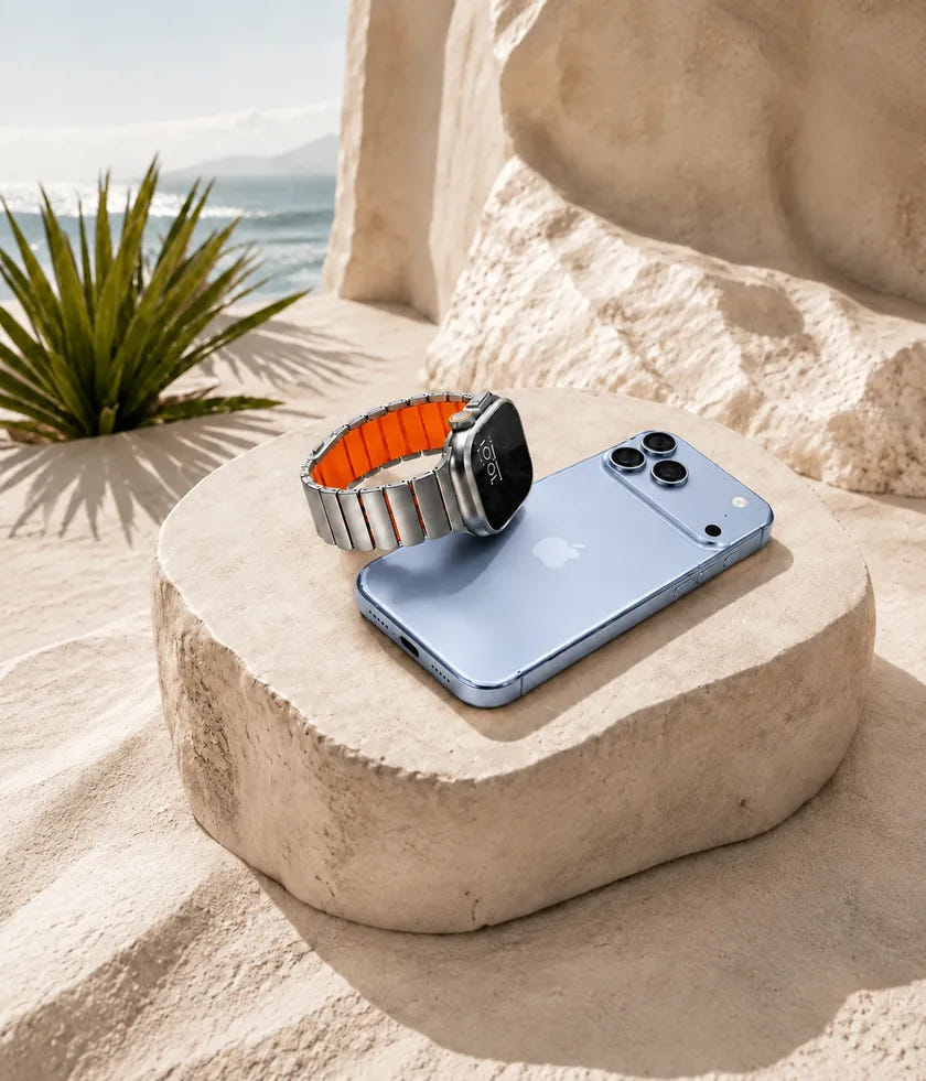 Silver metal watch band with orange lining resting on a light blue phone outdoors.
