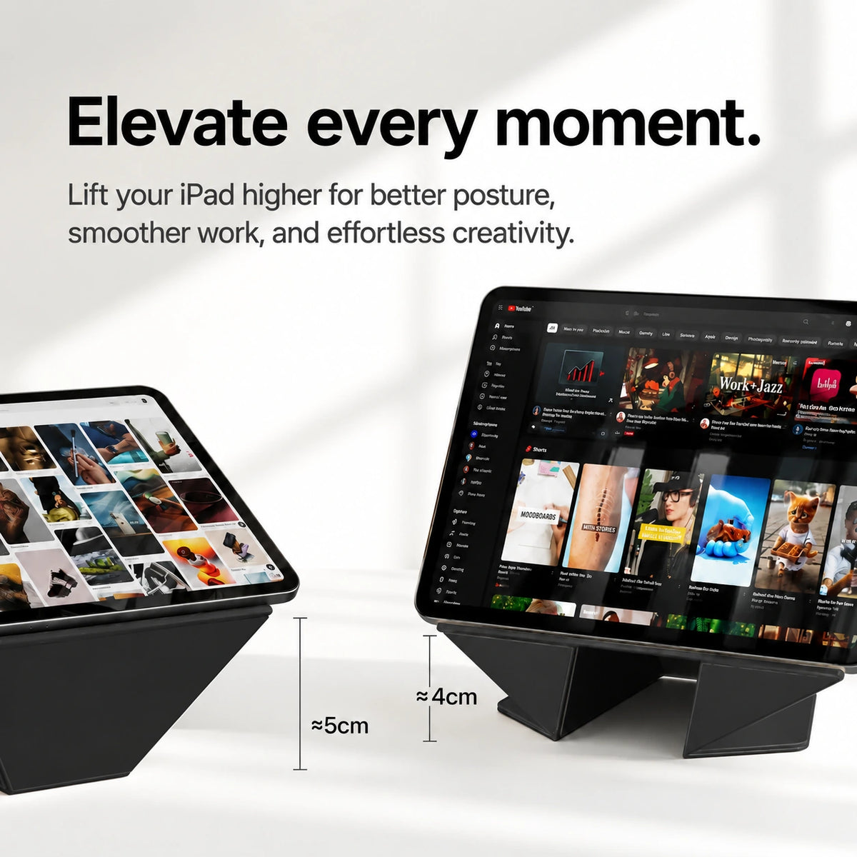 Midnight Black folding magnetic tablet stand at two raised viewing heights #color_Midnight Black