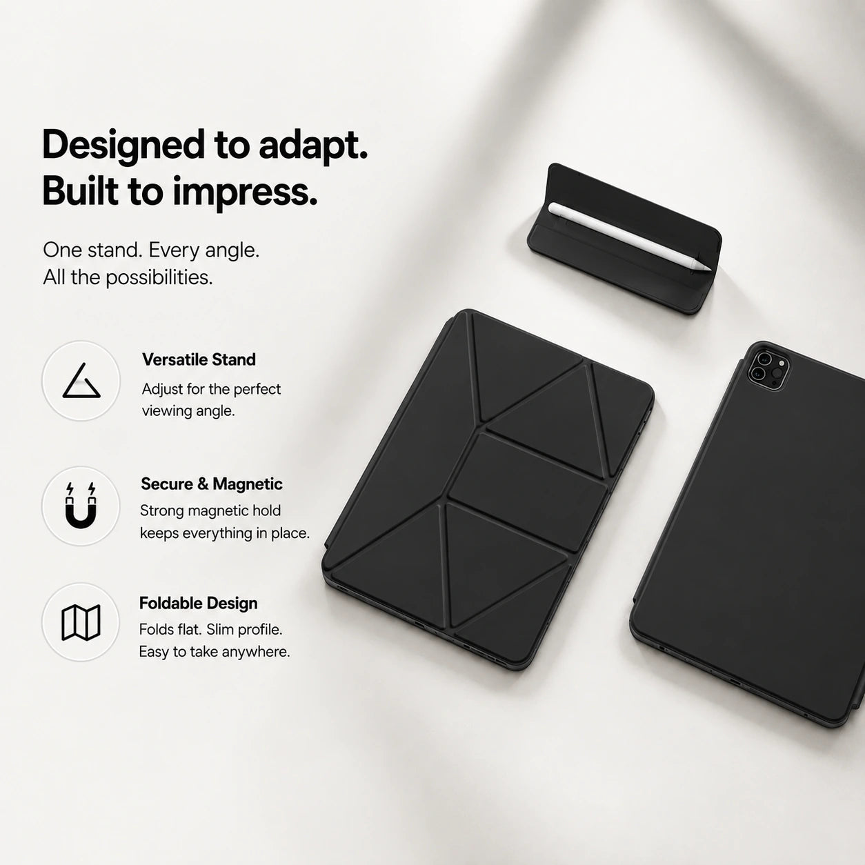 Midnight Black folding magnetic tablet stand folded flat with its components #color_Midnight Black