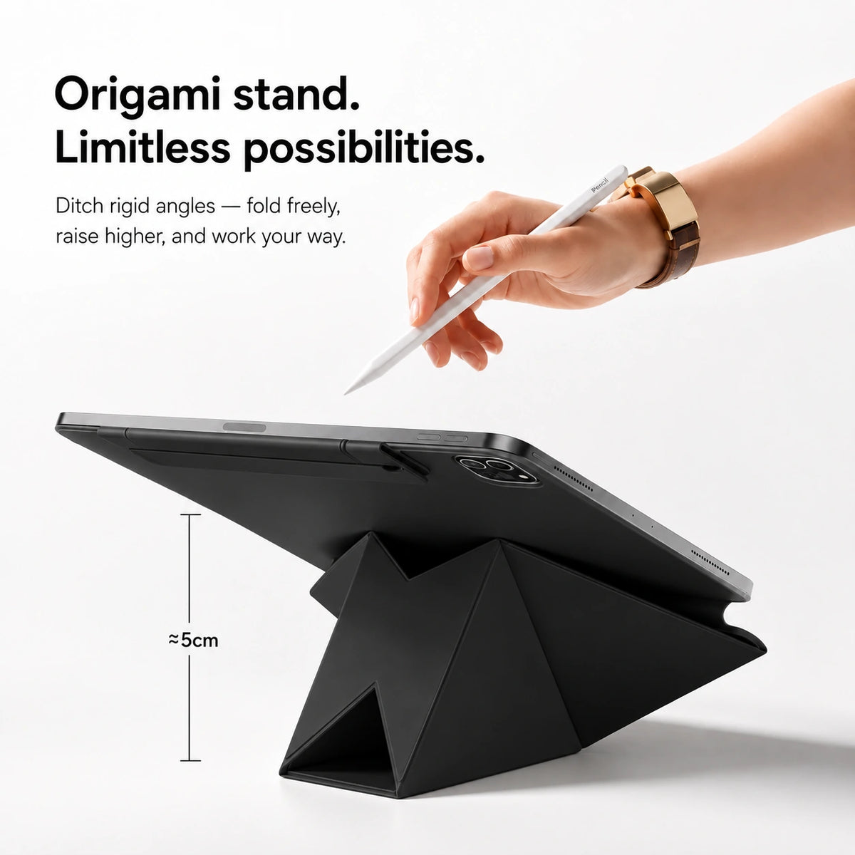 Midnight Black folding magnetic tablet stand supporting an angled tablet #color_Midnight Black