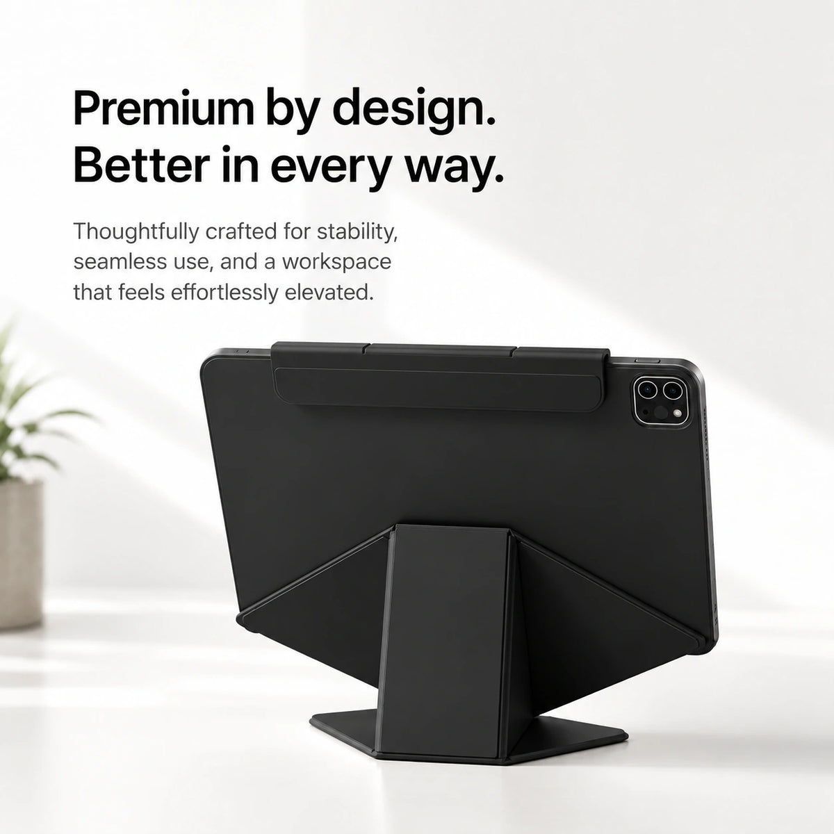 Midnight Black folding magnetic tablet stand with a folded rear support #color_Midnight Black