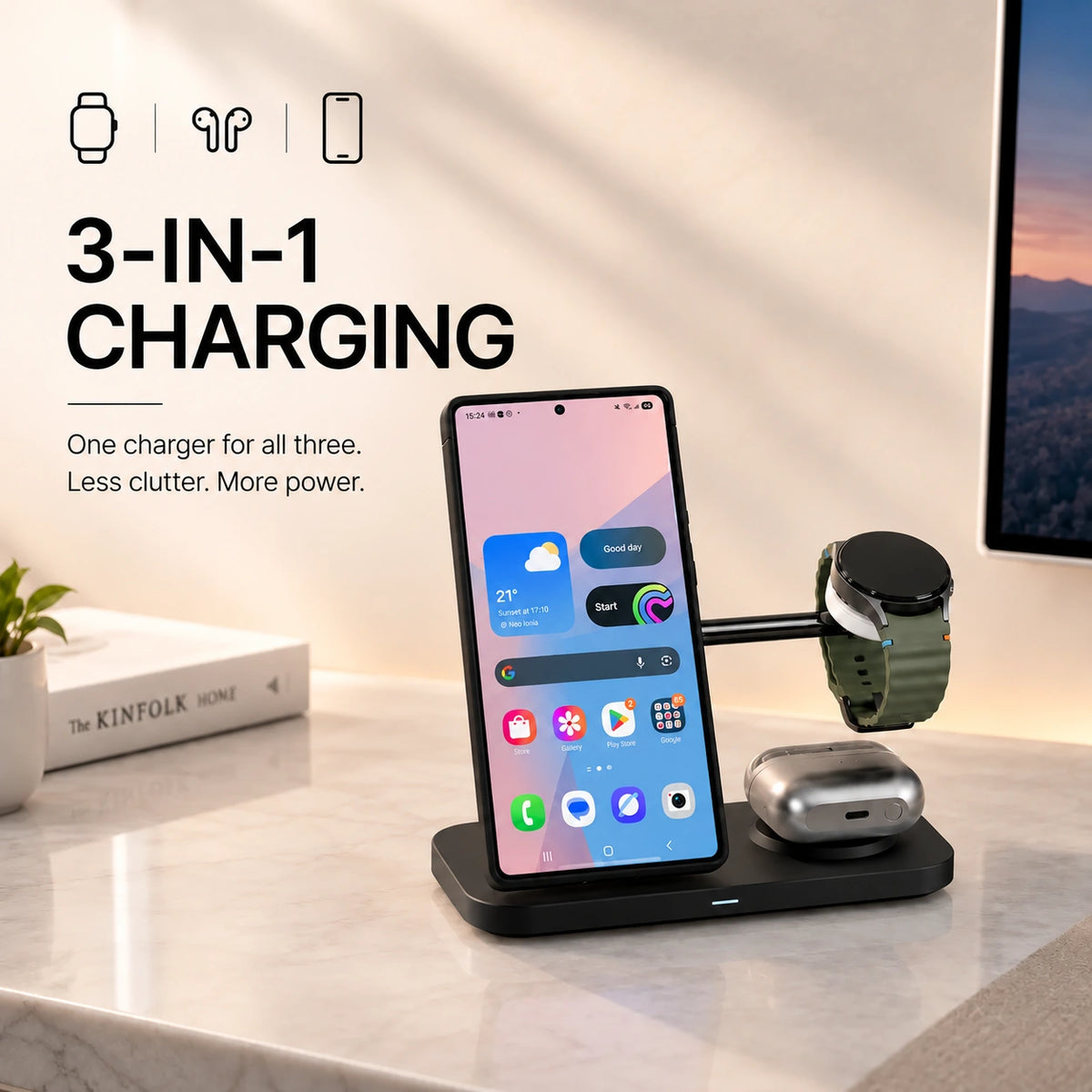 Midnight Black three device wireless charging dock charging three devices together #color_Midnight Black