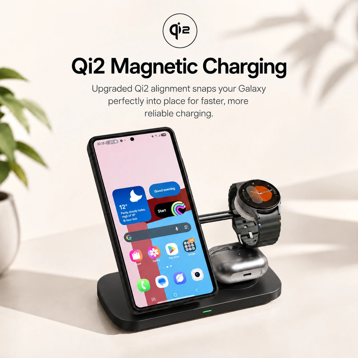 Midnight Black three device wireless charging dock holding a phone magnetically #color_Midnight Black