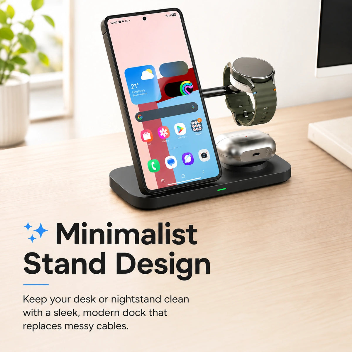 Midnight Black three device wireless charging dock on a minimalist desk #color_Midnight Black