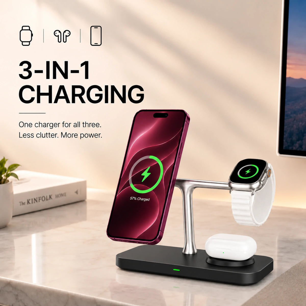 Midnight Black three device wireless charging station charging three devices together. #color_Midnight Black