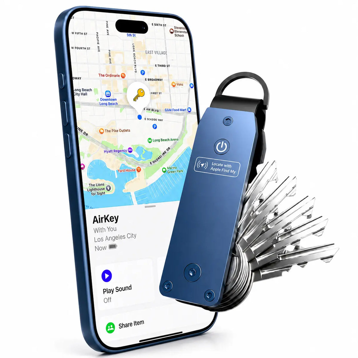 Horizon Blue tracking key organizer beside a Burgundy iPhone showing its location in Find My. #color_Horizon Blue