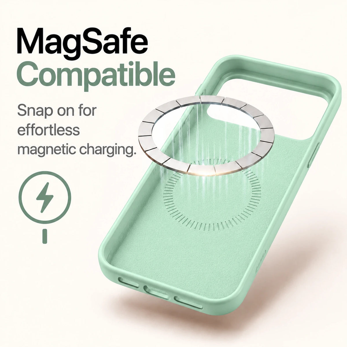 Mint green silicone phone case showing the soft interior and magnetic charging ring #color_Mint Green