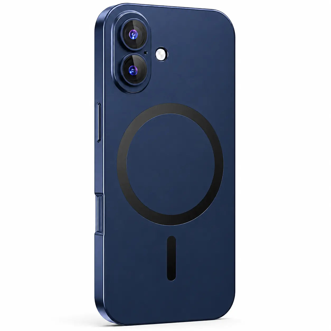Navy blue metal magnetic phone case with two vertically arranged camera openings shown from the back on white #color_Deep Blue