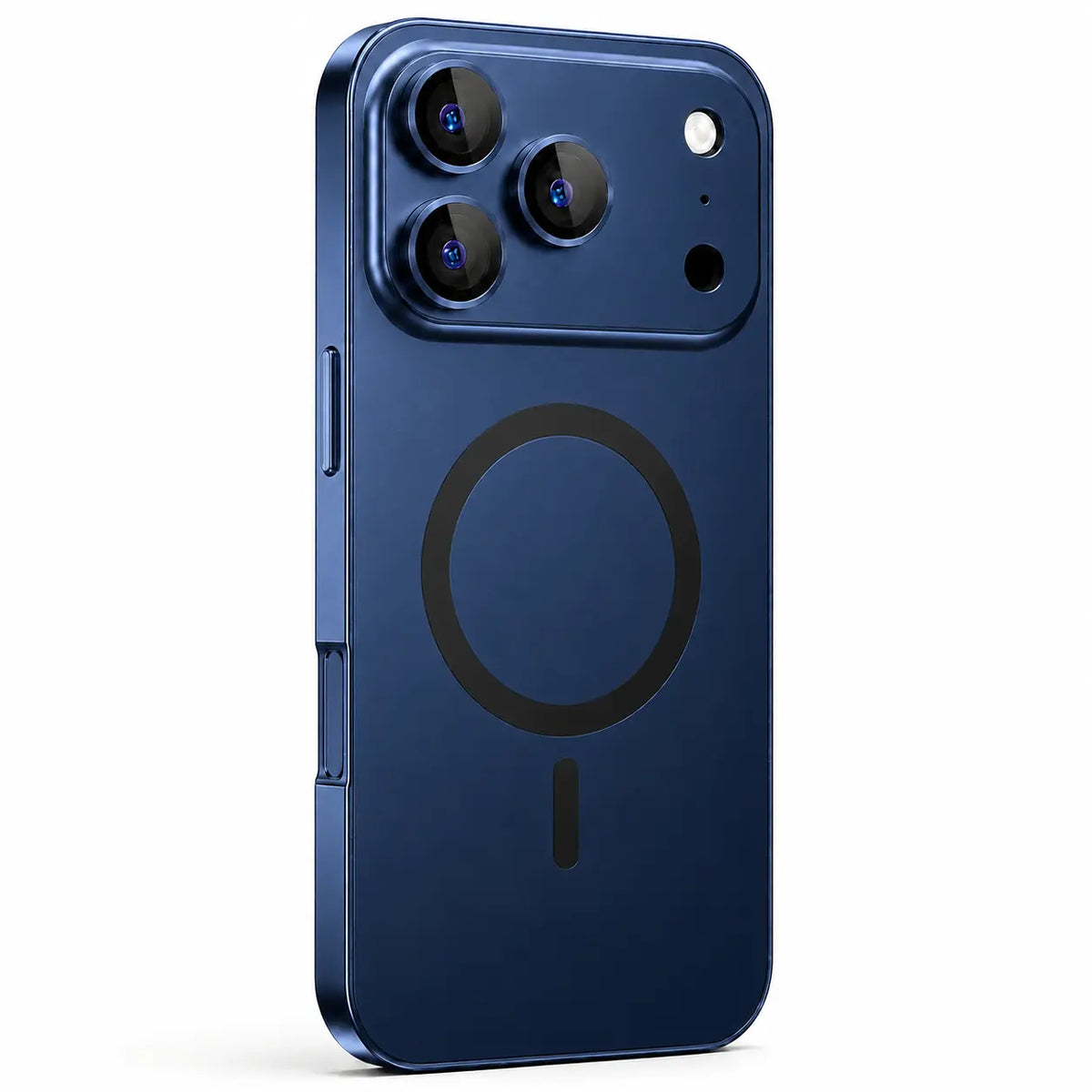 Navy blue metal magnetic phone case with a wide camera surround, shown from the rear on white #color_Deep Blue