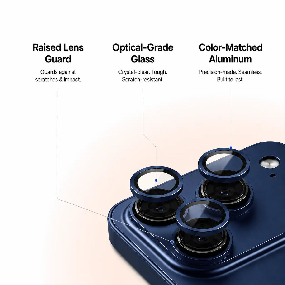 Navy blue metal phone case in an exploded close-up showing camera lens guards and trim #color_Deep Blue