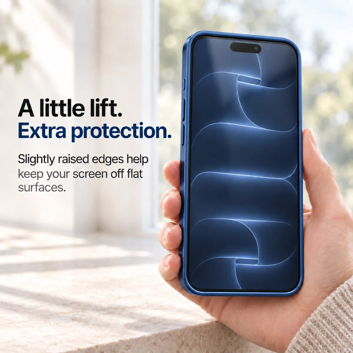Navy blue metal phone case held with the front display and raised screen edges visible #color_Deep Blue