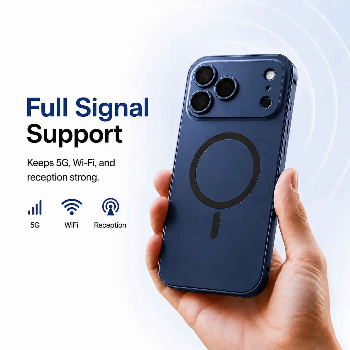 Navy blue metal magnetic phone case held upright with illustrated signal icons #color_Deep Blue