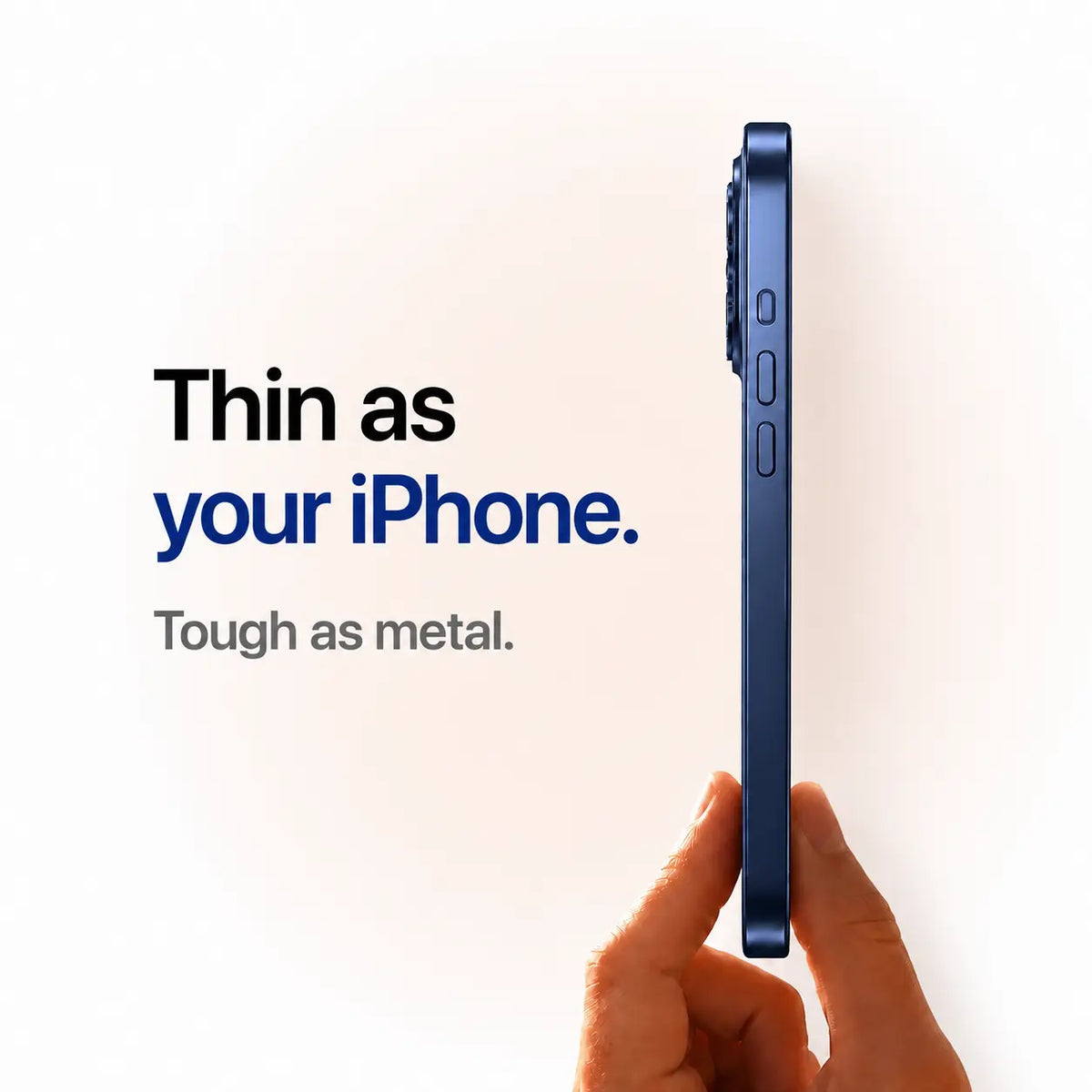 Navy blue metal phone case held edge-on to show its slim side profile #color_Deep Blue