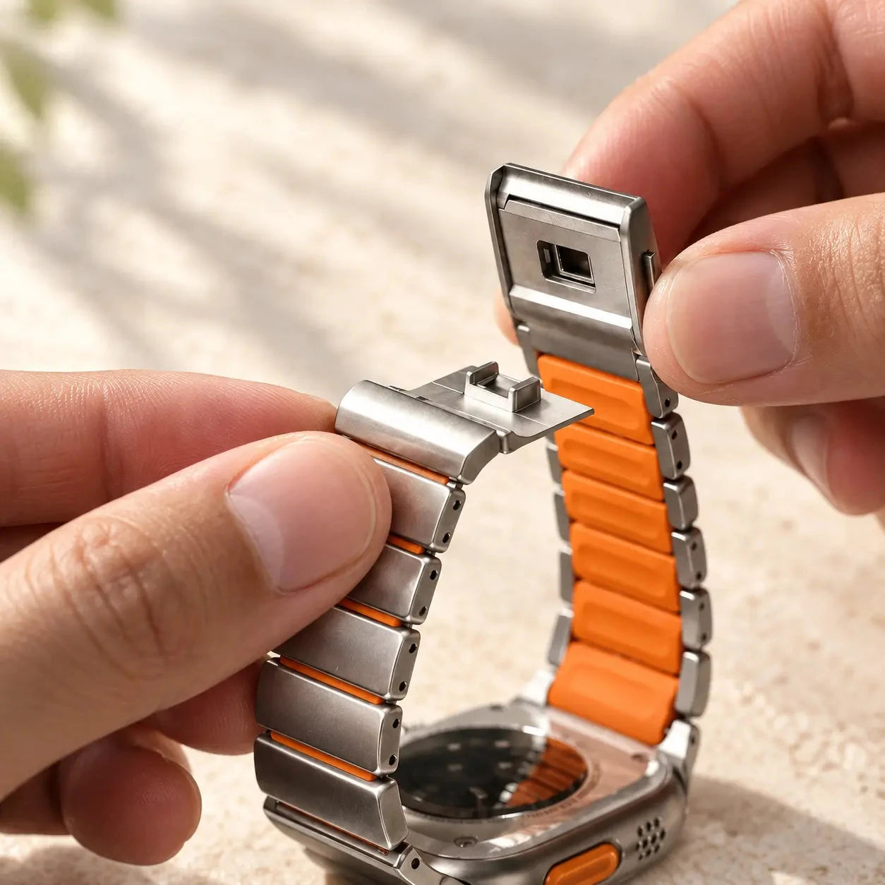 Hands opening the silver clasp on a smartwatch band with orange inner links.
