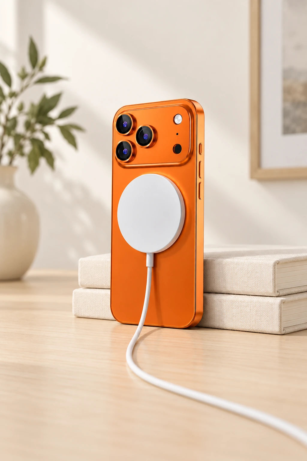 Orange aluminum phone case with a correctly centered magnetic charging puck.