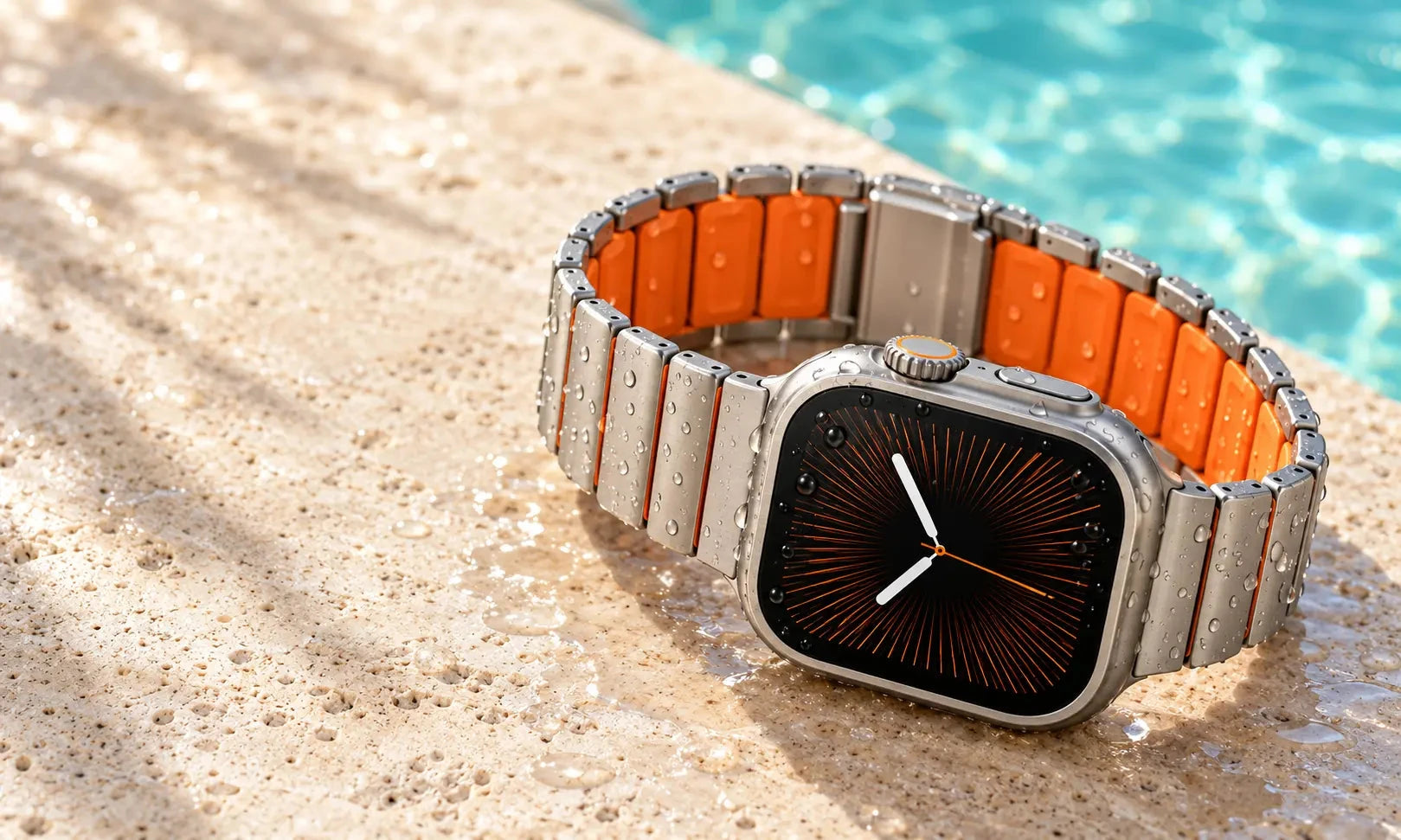 Silver smartwatch band with orange inner links resting on stone beside a swimming pool.