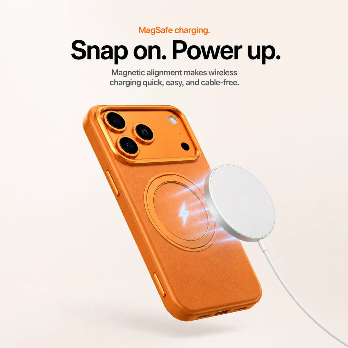 Orange leather phone case beside a round magnetic wireless charger and white cable #color_Cosmic Orange