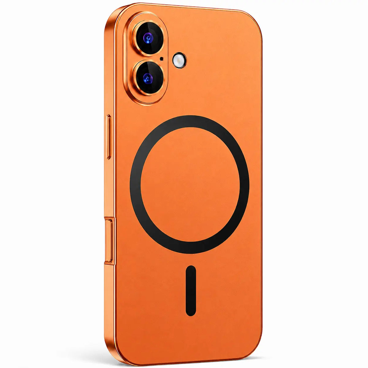 Orange metal magnetic phone case with two vertically arranged camera openings shown from the back on white #color_Cosmic Orange