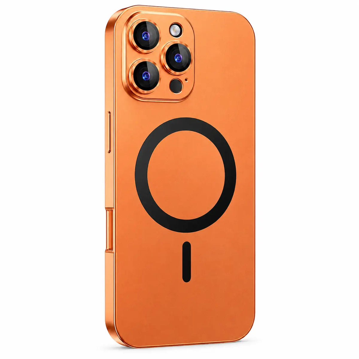 Orange metal magnetic phone case with three camera openings shown from the back on white #color_Cosmic Orange