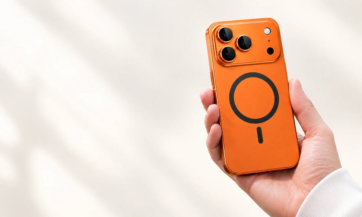 Hand holding an orange metal phone case with a matching orange camera surround.
