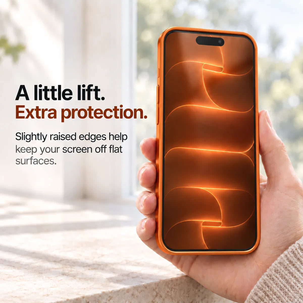 Orange metal phone case held with the front display and raised screen edges visible #color_Cosmic Orange