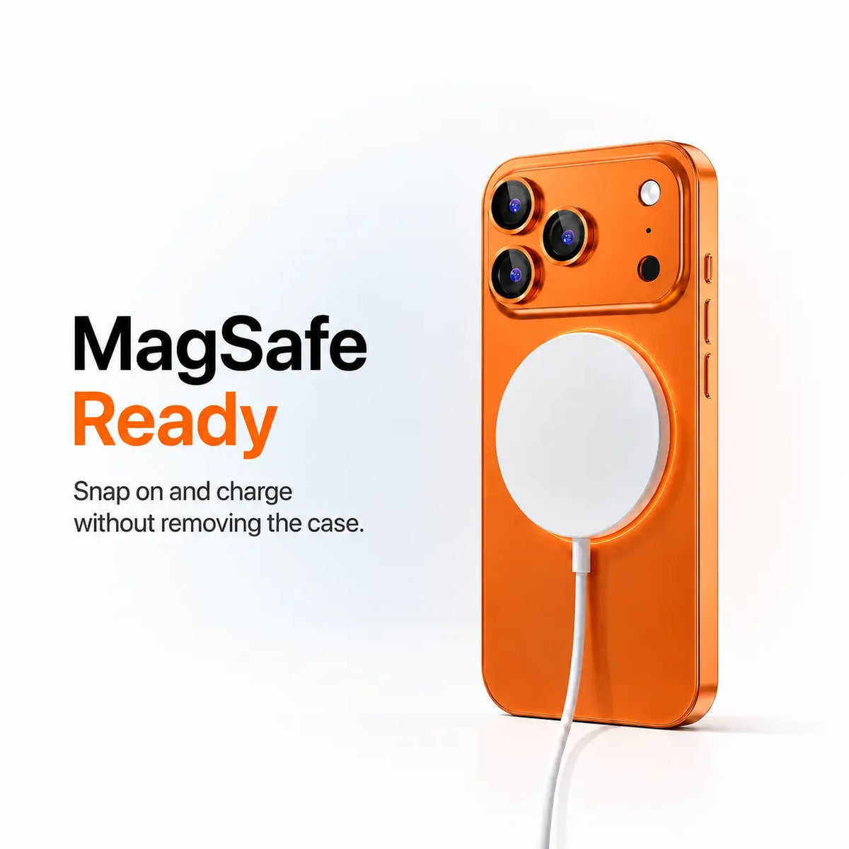 Orange metal phone case attached to a round white magnetic wireless charging puck #color_Cosmic Orange