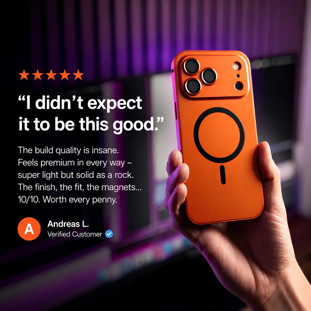 Orange metal magnetic phone case held beside a purple-lit desk with a customer review quote #color_Cosmic Orange