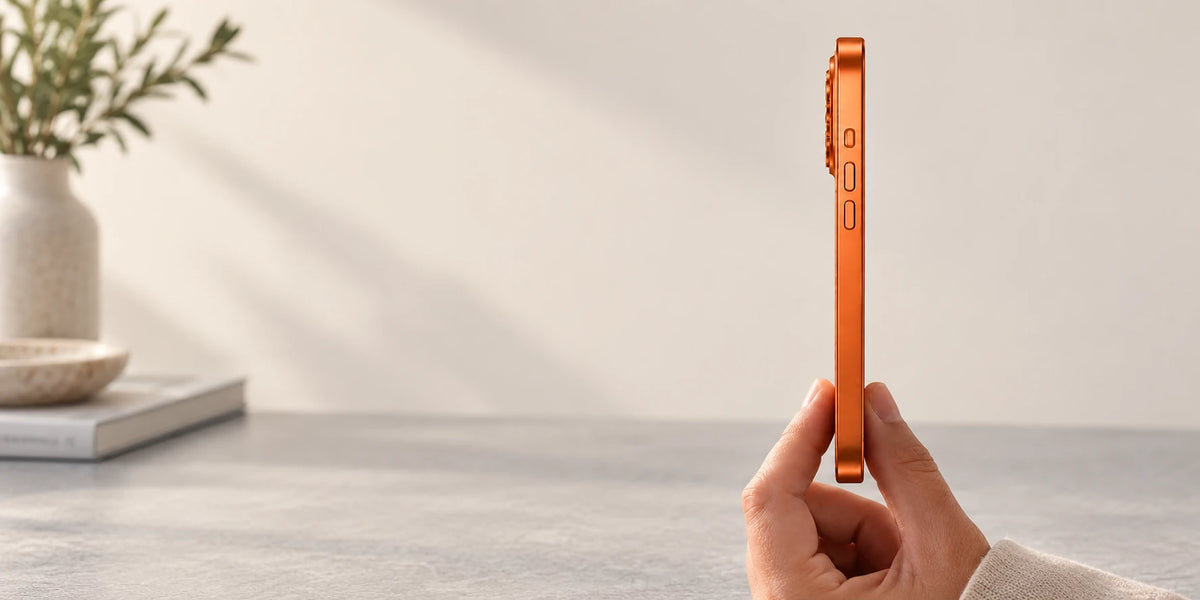 Orange metal phone case held edge-on to show its slim profile and side buttons.