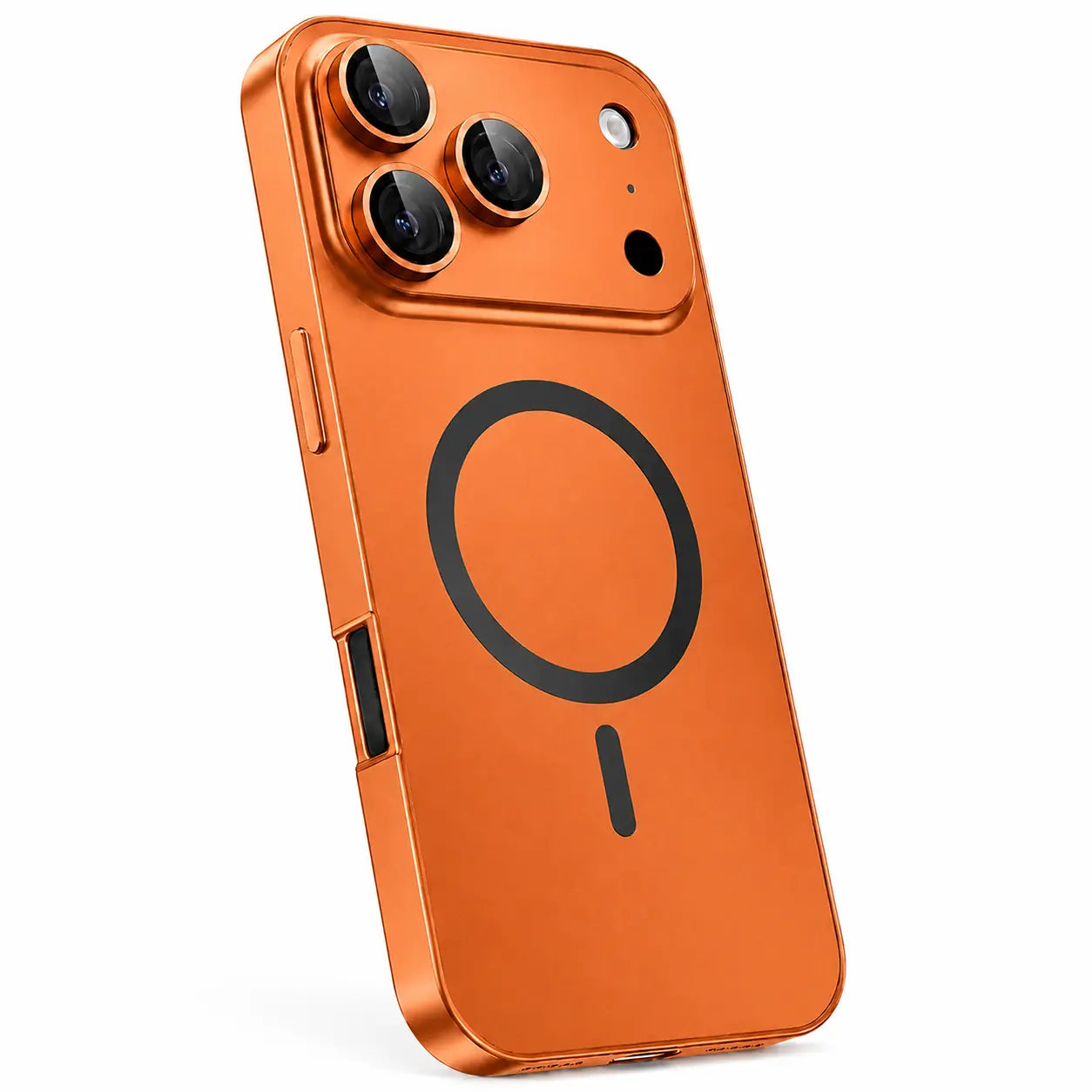 Orange metal magnetic phone case in a tilted rear view showing its camera surround and side rail #color_Cosmic Orange
