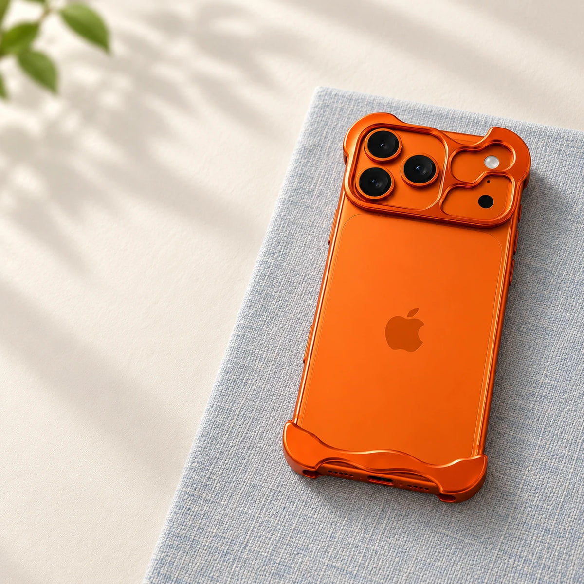 Rear view of an orange phone with metal camera and corner guards resting on pale fabric.