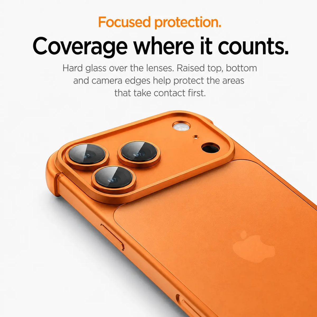 Close-up of an orange phone bumper showing the raised camera surround and clear lens covers #color_Cosmic Orange