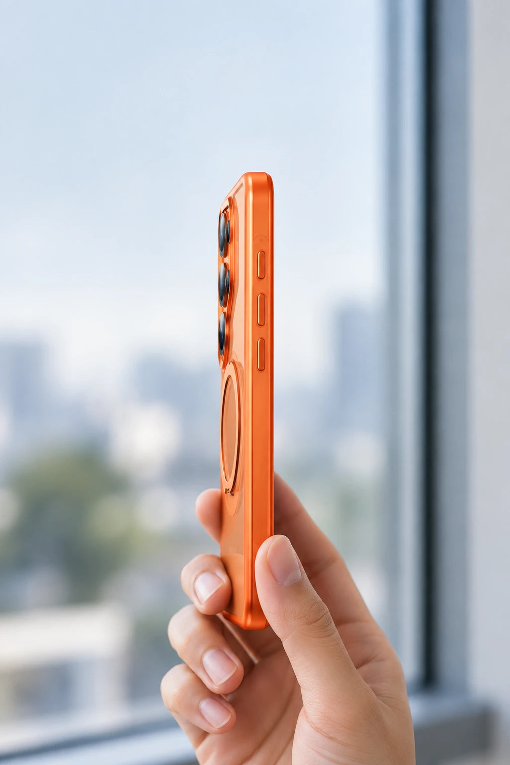 Hand holding an orange phone case from the side with its hinged ring folded flat.
